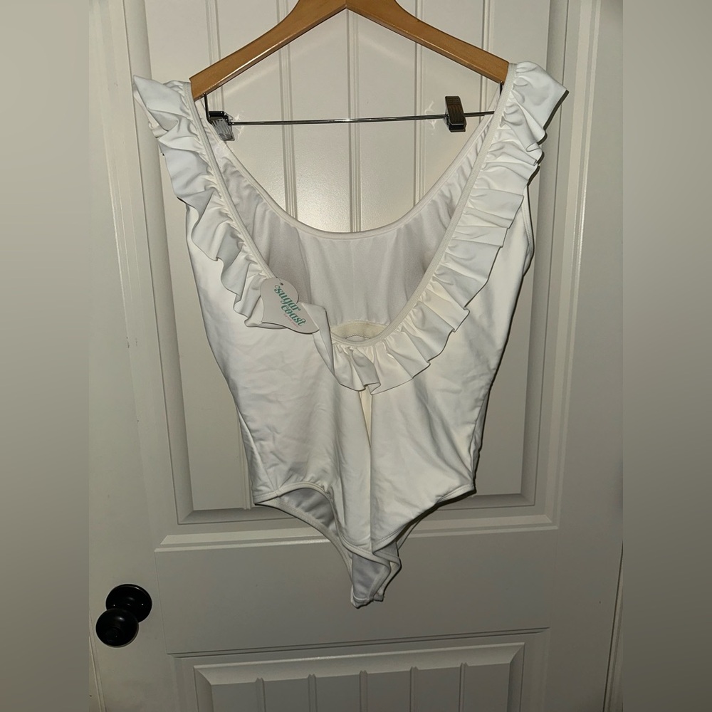 White Ruffle Scoop One-Piece Swimsuit - Picture 2 of 3